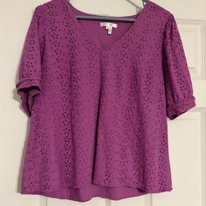 Draper James Purple Eyelet Puff Sleeve Blouse Size L Lightweight Feminine